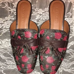 Leather Coach Mules Brown With Roses